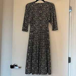 Vintage Black and White Floral Midi Dress, Size 8